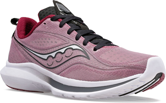 A rose running shoe with black laces, a white midsole, and a black and white logo.
