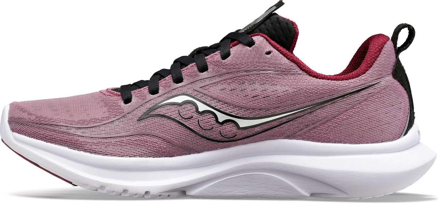 Running shoe in mauve with black laces and a white sole.