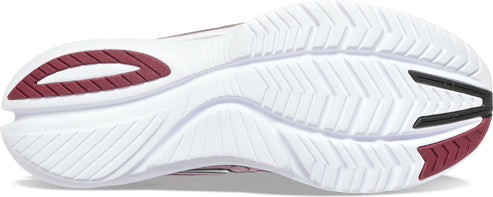The shoe's white sole features burgundy and black accents, with a textured tread pattern for grip.