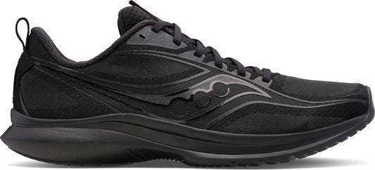 A black athletic running shoe featuring a lace-up design and a prominent logo on the side.