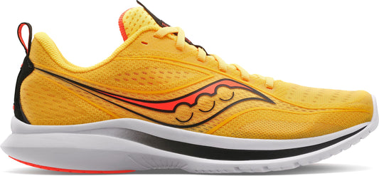 A yellow running shoe with red accents on a white and black sole.