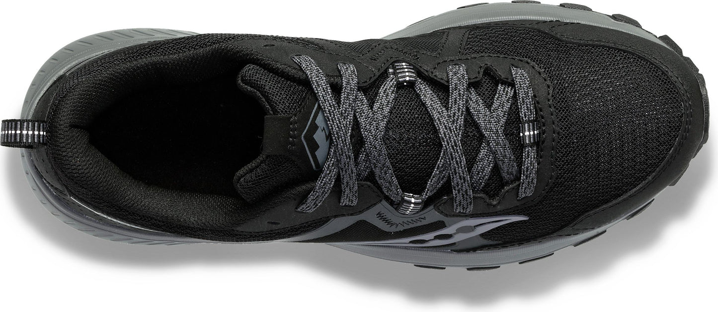 Top-down view of a black athletic shoe with grey laces.