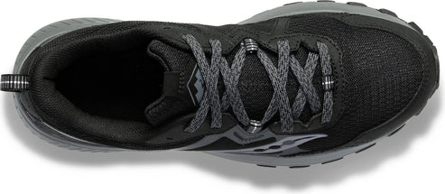 Top-down view of a black athletic shoe with grey laces.