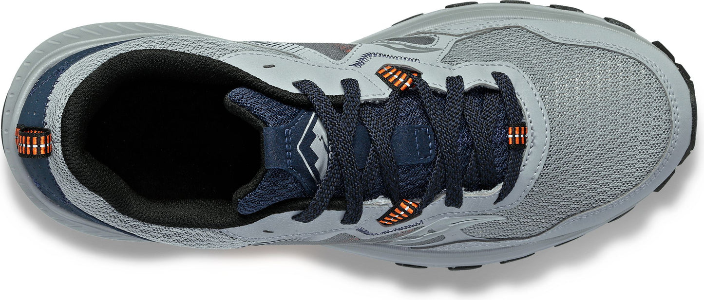 A gray athletic shoe with dark navy laces and an orange accent.
