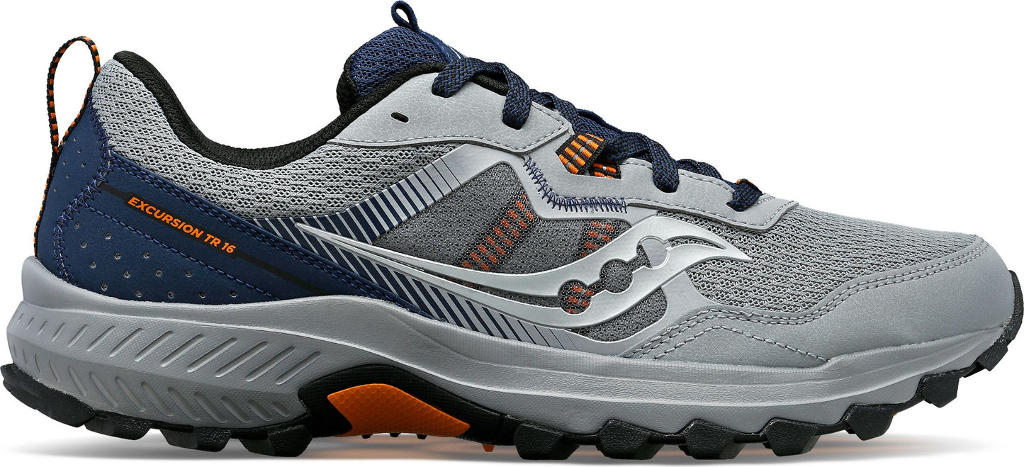 A gray and navy blue trail running shoe with a gray sole.