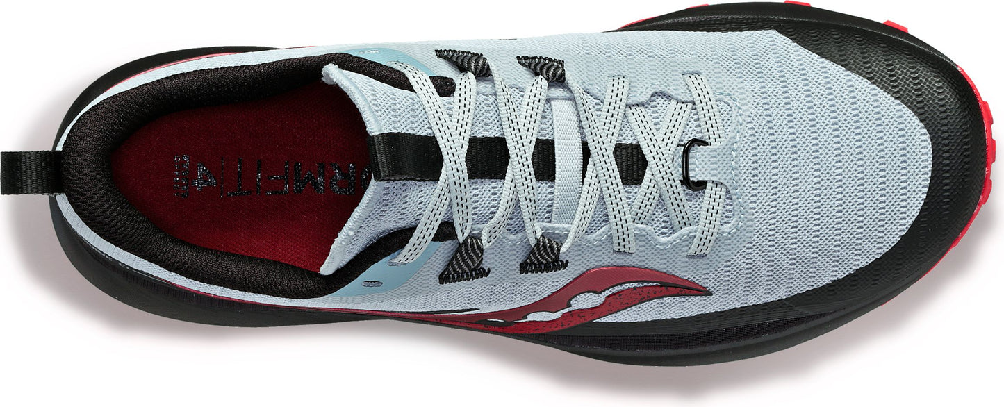 A running shoe with white laces, a black sole, and a red accent.