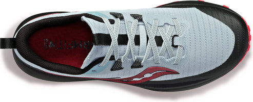 A running shoe with white laces, a black sole, and a red accent.