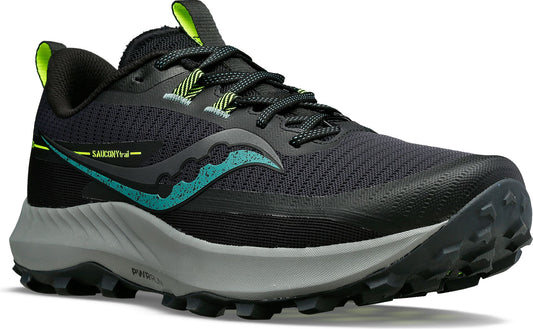 Black trail running shoe with green accents, textured sole, and lace-up closure.