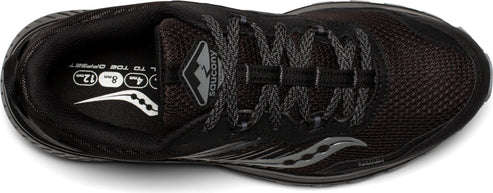 Black athletic shoe with gray laces and logos on tongue and side.
