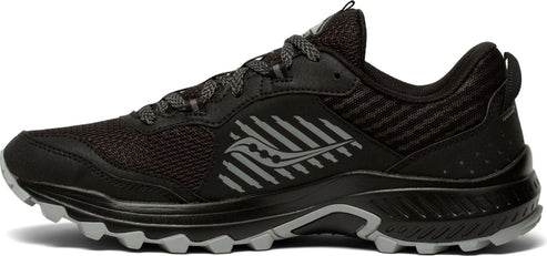 A black running shoe with gray laces and tread.