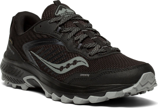 Black trail running shoe with gray laces and sole, side logo.