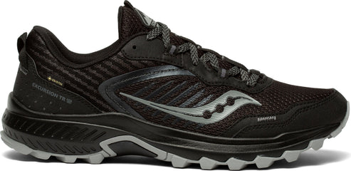 Black trail running shoe with gray accents.