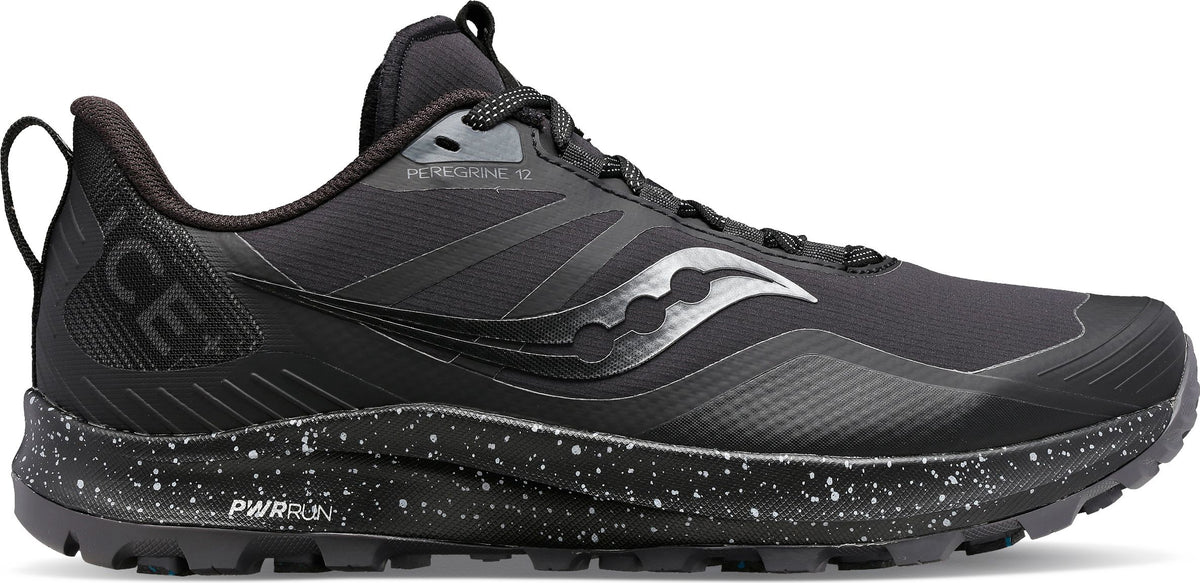 Black running shoe with silver logo and speckled midsole.