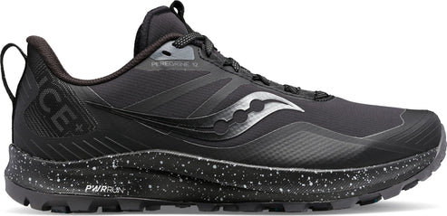 Black running shoe with silver logo and speckled midsole.