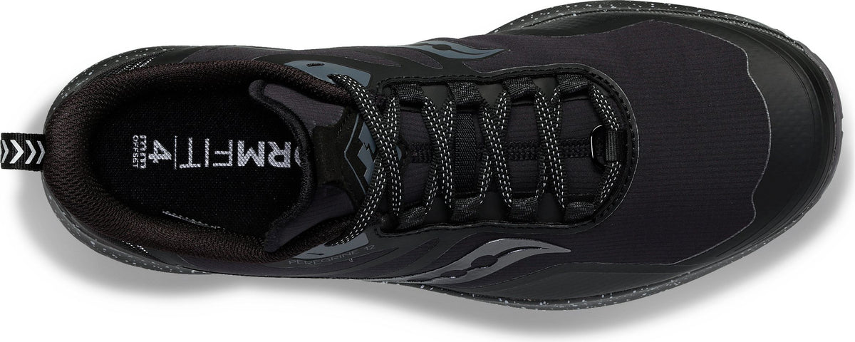Top view of a black shoe with gray laces and a FORM FIT 4 logo on the heel.