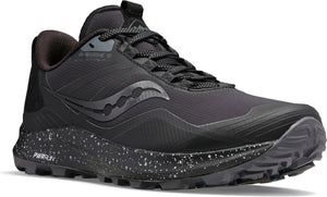 A low-top, black running shoe with speckled midsole and lugged outsole.