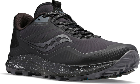 A low-top, black running shoe with speckled midsole and lugged outsole.
