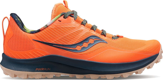 A bright orange running shoe with a gray swoosh and speckled interior lining.