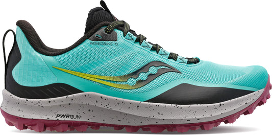 A teal running shoe with gray midsole and burgundy sole, and black details.