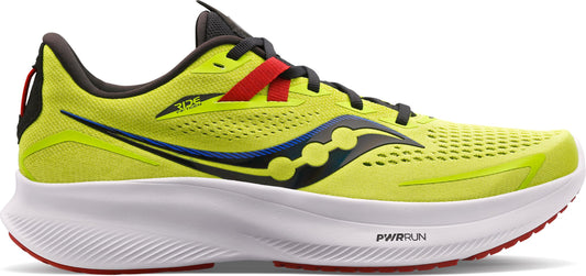 A yellow running shoe with a white sole and black and red accents.