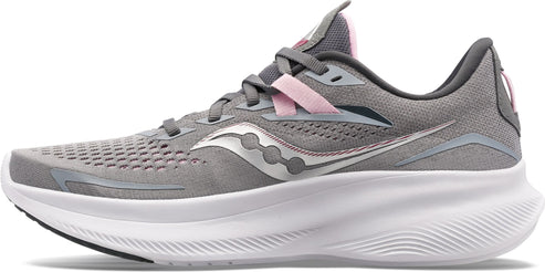 Gray running shoe with white sole and pink accents.
