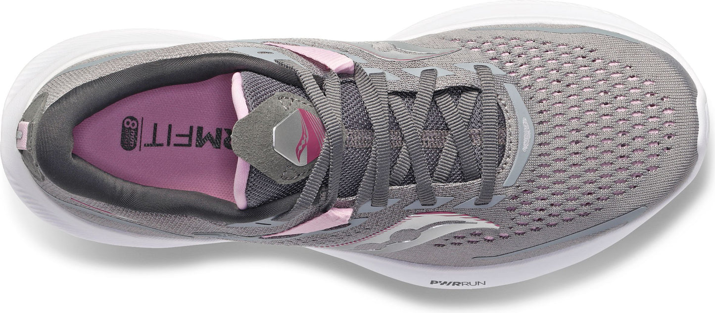 A gray running shoe with pink interior and laces.