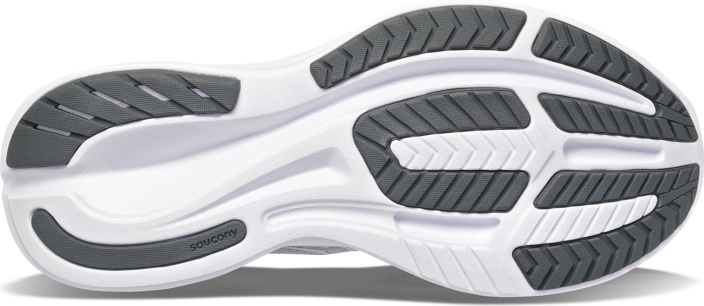 Bottom of a white running shoe, showing a gray rubber tread pattern.