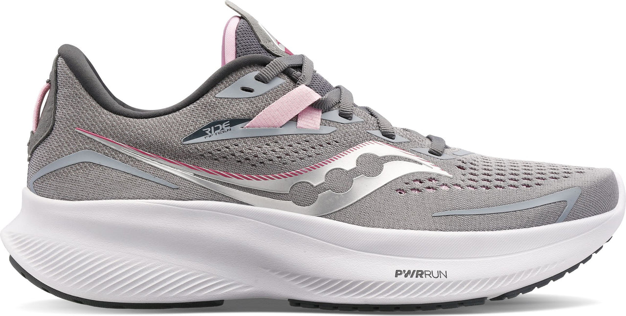 A gray running shoe with pink accents and a white sole, showing the side profile.