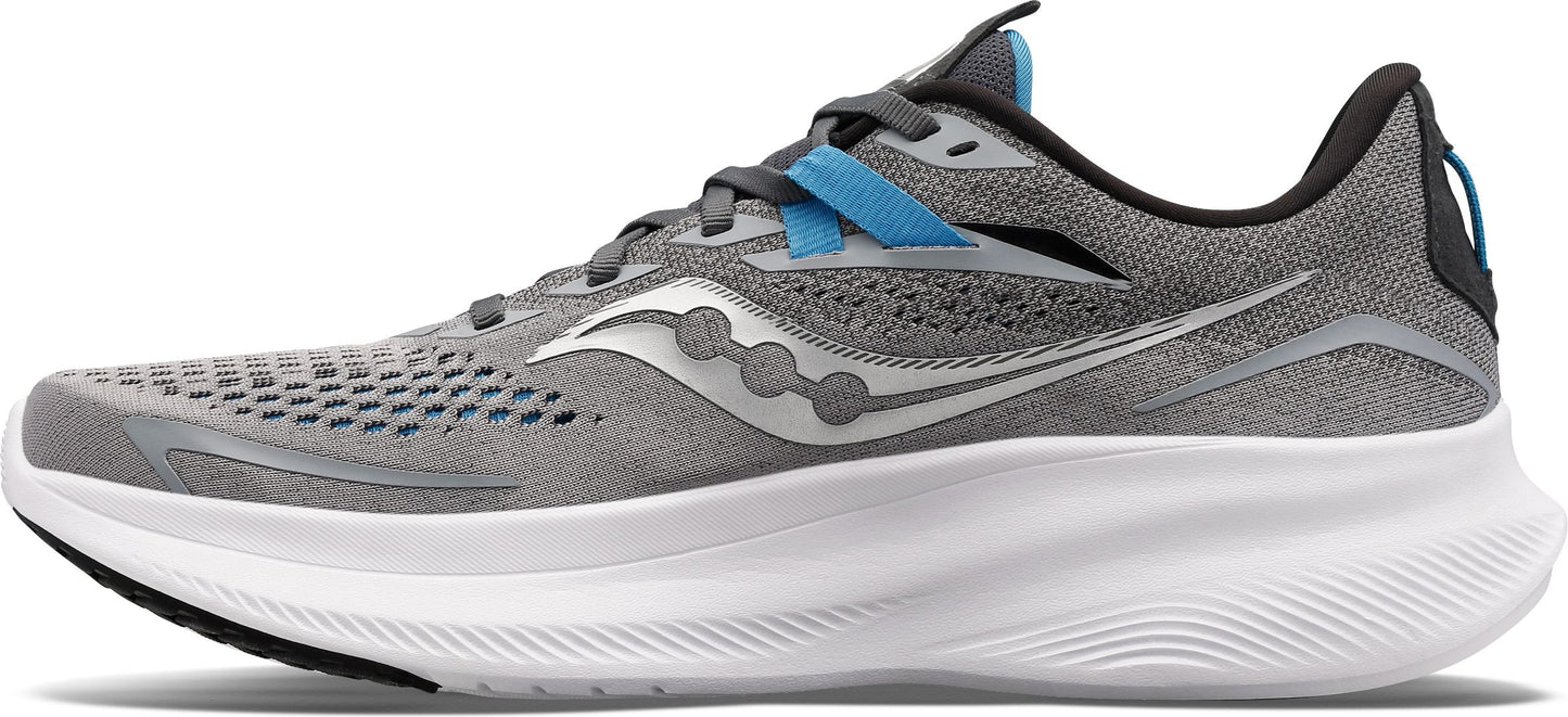 A grey Saucony running shoe with blue accents and a white sole.