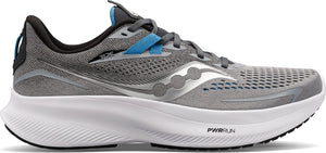 A running shoe with a gray upper, white sole, and blue accents.