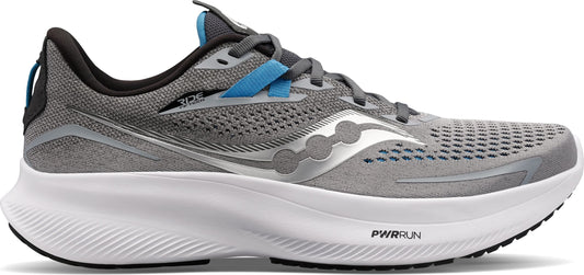 A running shoe with a gray upper, white sole, and blue accents.