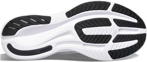 The bottom of a white shoe with black rubber tread.