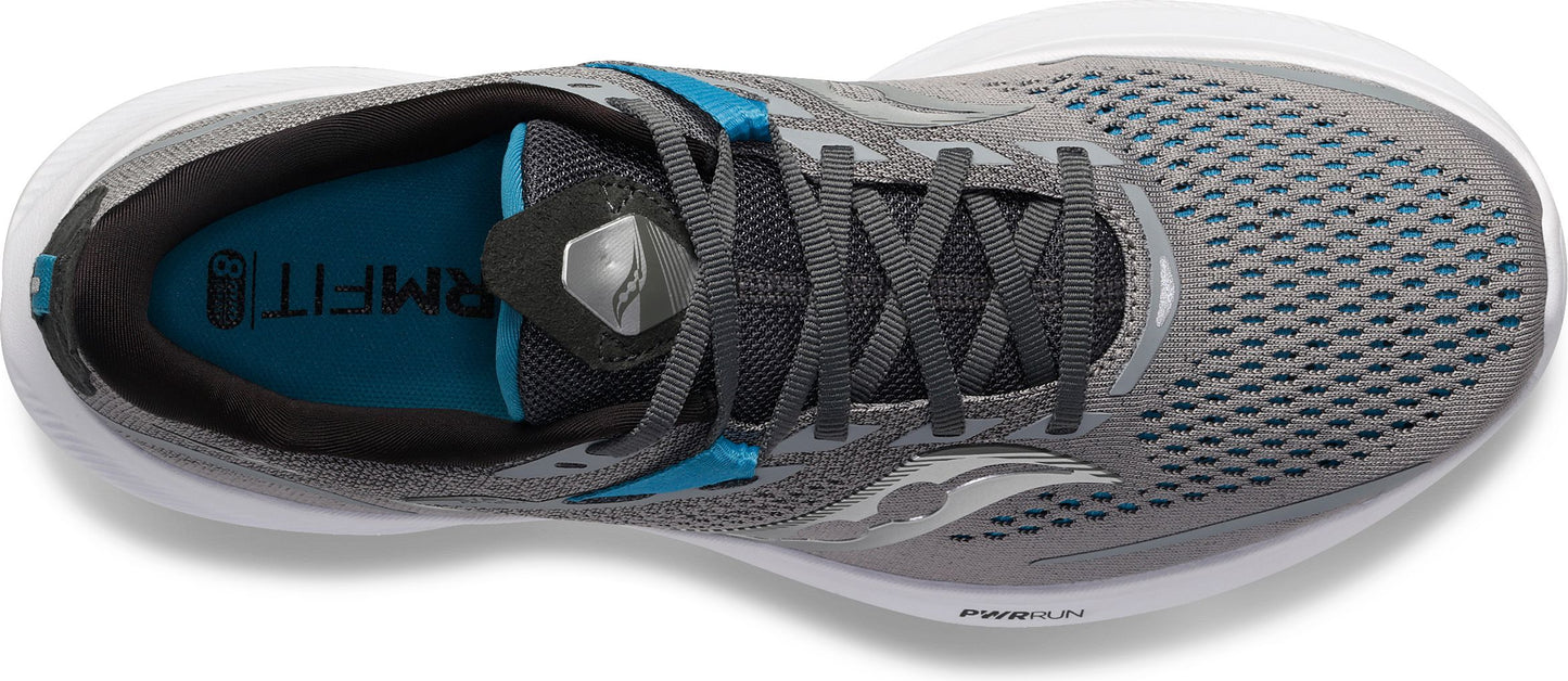 A top-down view of a gray running shoe with white sole and blue accents.