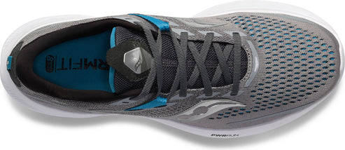 A top-down view of a gray running shoe with white sole and blue accents.