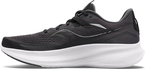 A running shoe in dark gray with a white sole.