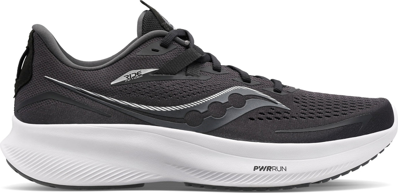 A charcoal gray running shoe with a white sole.
