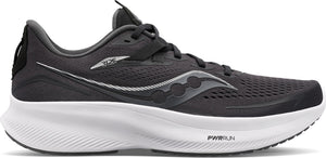 A charcoal gray running shoe with a white sole.