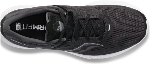 Top view of a black running shoe.