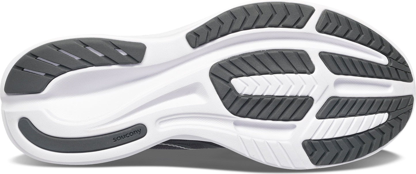 The sole of a shoe has a white base and gray accents.
