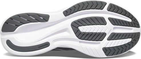 The sole of a shoe has a white base and gray accents.
