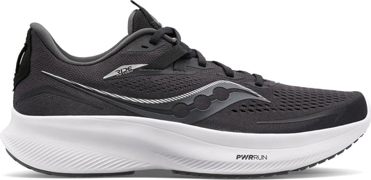 a gray running shoe with a white sole