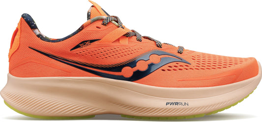 An orange running shoe with black logo on the side.