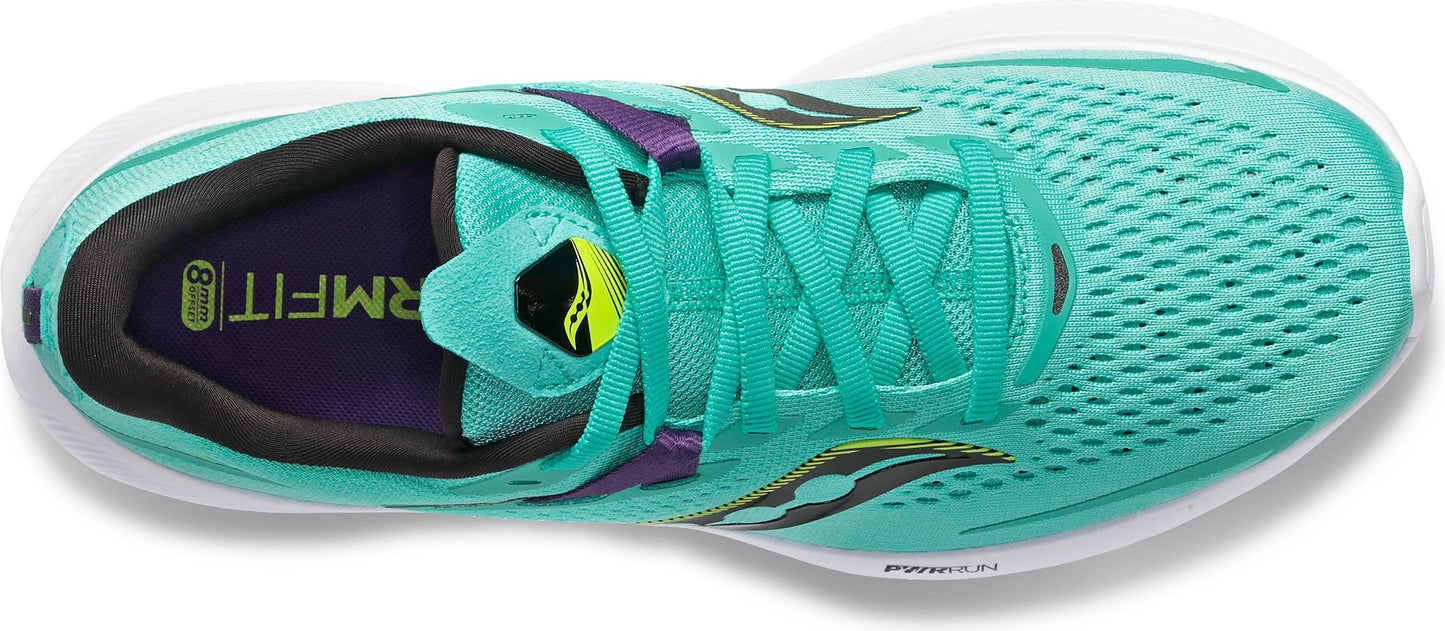 A close-up shot of a turquoise running shoe with a white sole and black interior.