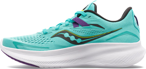 Aqua running shoe with white sole and purple accents.