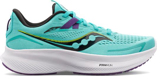A running shoe in aqua with black and purple accents.