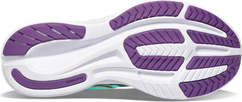 Bottom view of a running shoe with a white sole and purple tread.