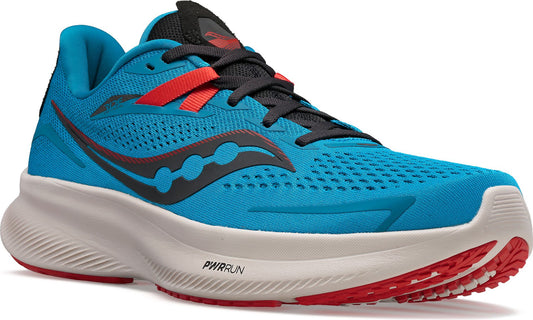 A blue running shoe with black laces, a red heel, and a white sole.