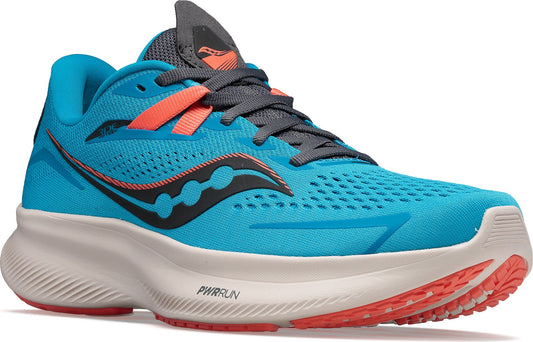 A running shoe with a blue mesh upper, dark gray laces, a black wave design, a white sole, and peach accents.