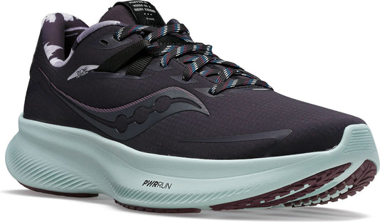 Black running shoe with mint-green soles, patterned laces and padded collar.