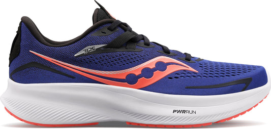 A purple and black running shoe with a white sole and a coral-colored logo.